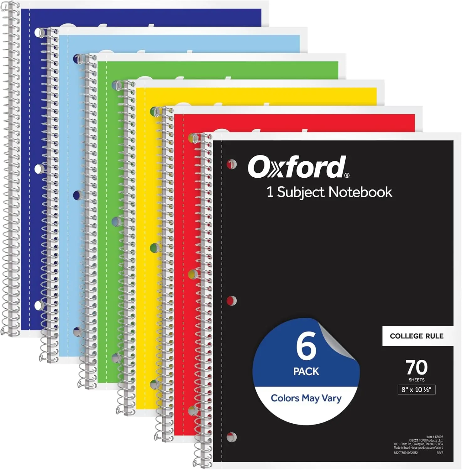 Spiral Notebook 6 Pack, 1 Subject, College Ruled Paper, 8 x 10-1/2 Inch, Color Assortment Design May Vary
