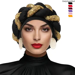 Color Block Sequins Braid Turban - Ethnic Twisted Cross Headwrap, Stylish Braid Headband for Daily Fashion Accessory Use