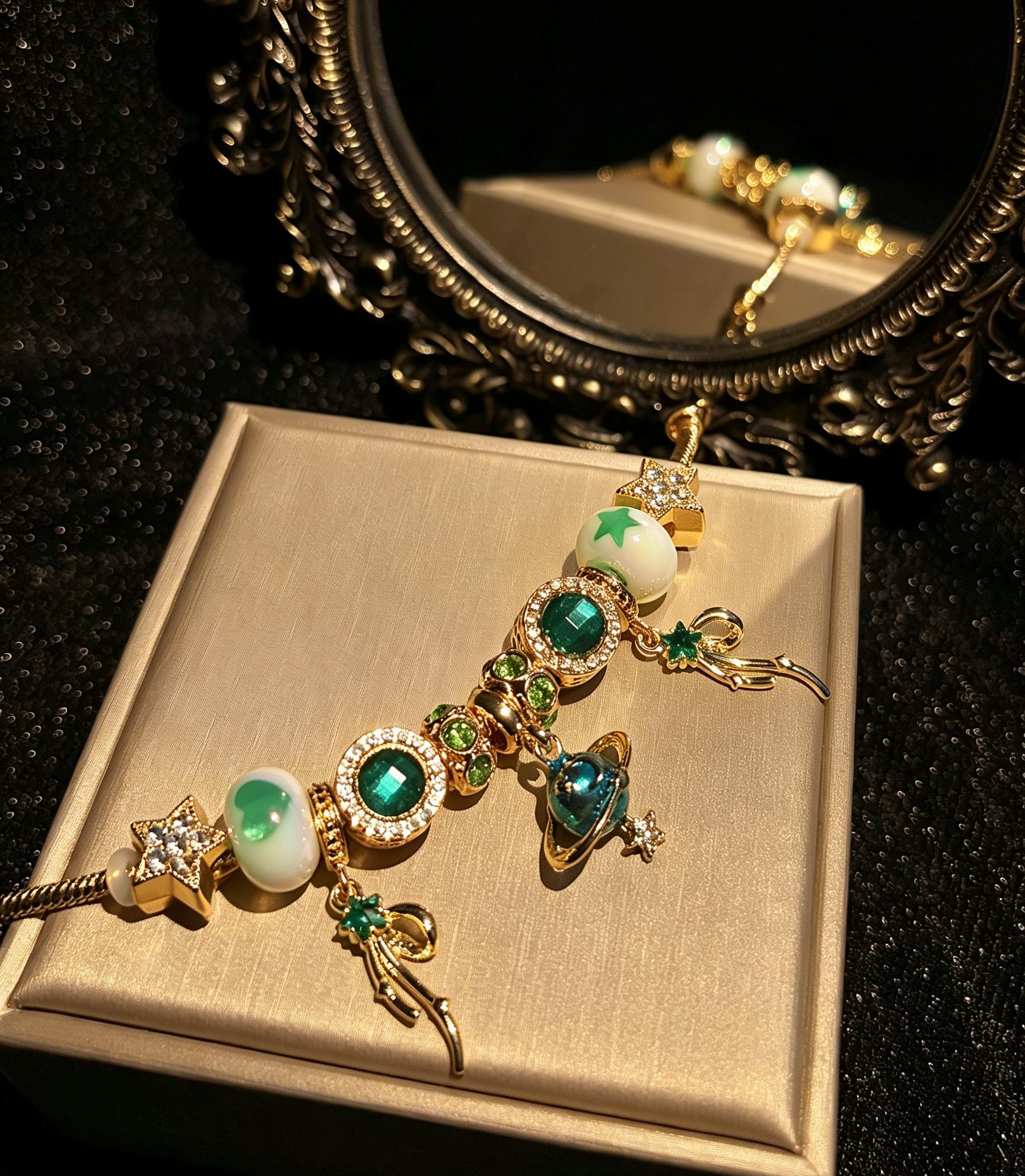 Gold Tone Planet Charm Beaded Bracelet, Emerald Green Rhinestone Star Enamel Bead Snake Chain Bracelet, Adjustable Space Themed Jewelry Gift for Women