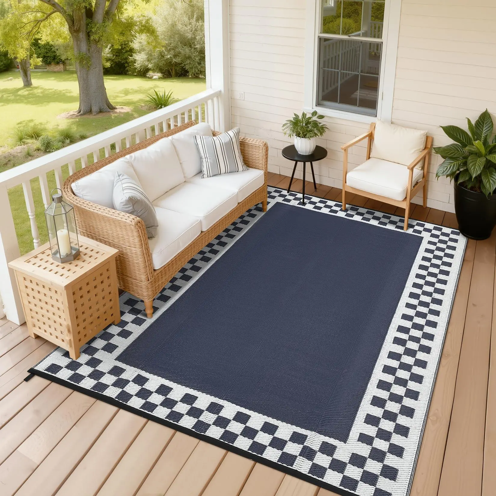 Navy Blue Outdoor Rug 8x10 Waterproof Patio Rugs Modern Checkered Reversible Mat for Front Door Rv Foldable Plastic Straw Carpet for Travel Trailers, Deck, Picnic, Porch, Camper, Balcony, Beach