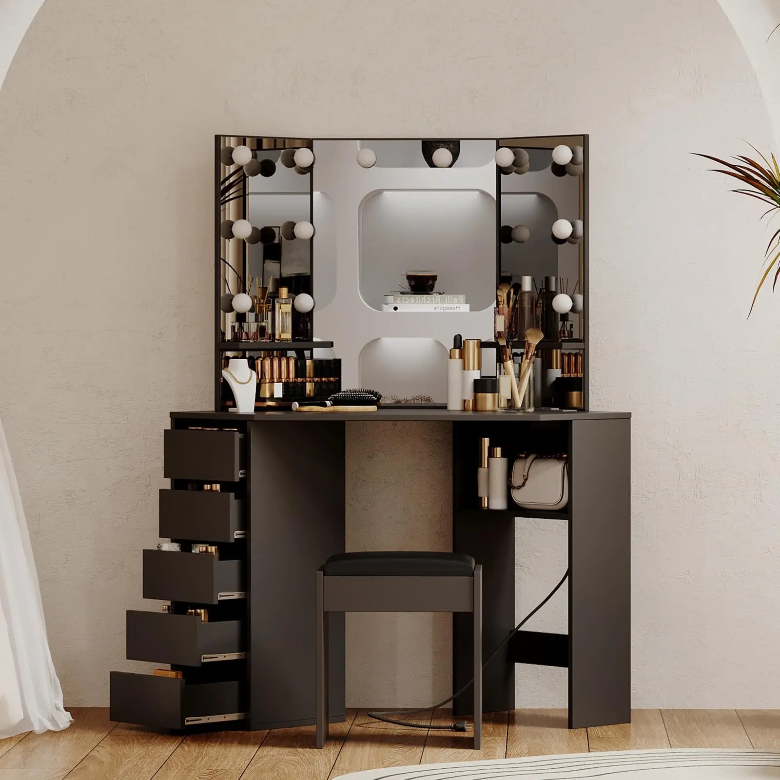 Gaomon Corner Fit Vanity with Chair Set - Stylish Furniture, Engineered Wood, Rectangular LED 3-Way Mirror, 10 Adjustable LED Bulbs, 5 Drawers+Shelves, Charging Station, 3-Color Dimmable Ambient Lighting, Hair Dryer Holder, Requires Assembly for Bedroom