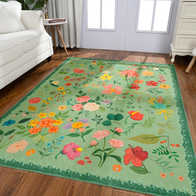 Floral Boho Imitation Cashmere Printed Area Rugs, Washable Machine, Non Slip Low Pile Vintage Large Carpet for Living Room, Bedroom, Farmhouse, Dining Room, Kids Playroom, Orange, Pink, Black, Green, Beige,2x3, 2x6, 4x6, 5x7, 6x9, 8x10, 9x12 Feet