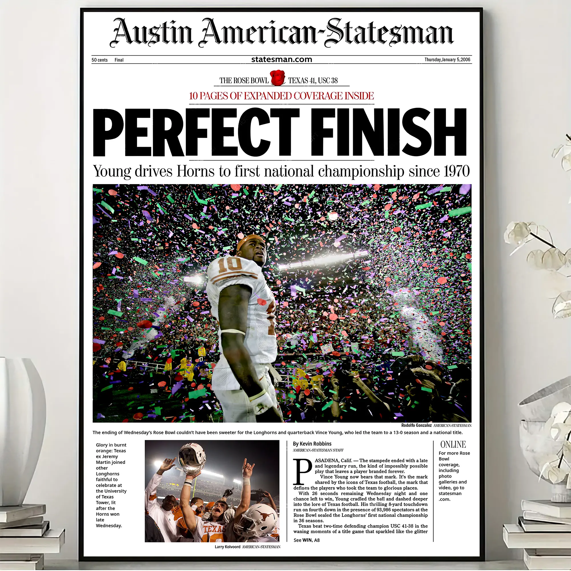 2005 Texas Longhorns “Perfect Finish” Rose Bowl Victory Poster, College Football Championship Wall Art, Texas Fan Gift, No Frame