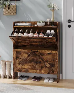 Garvee Flip-Door Shoe Storage Cabinet, 9.3” Narrow Slim Organizer with Hidden Drawers, Farmhouse Style Shoe Rack for Entryway, Hallway, Closet, Holds 15-20 Pairs, Rustic Brown Finish