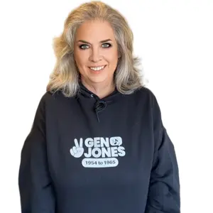 Gen Jones Logo'd Sweatshirt Hoodie Oversized XL 1954 to 1965 Black Color Comfortable Stylish Pullover Cotton Polyester FisherBirdJones Design. XL Oversize Hoodie in Black only. Soft and cozy, drawstring hood and large front pocket.