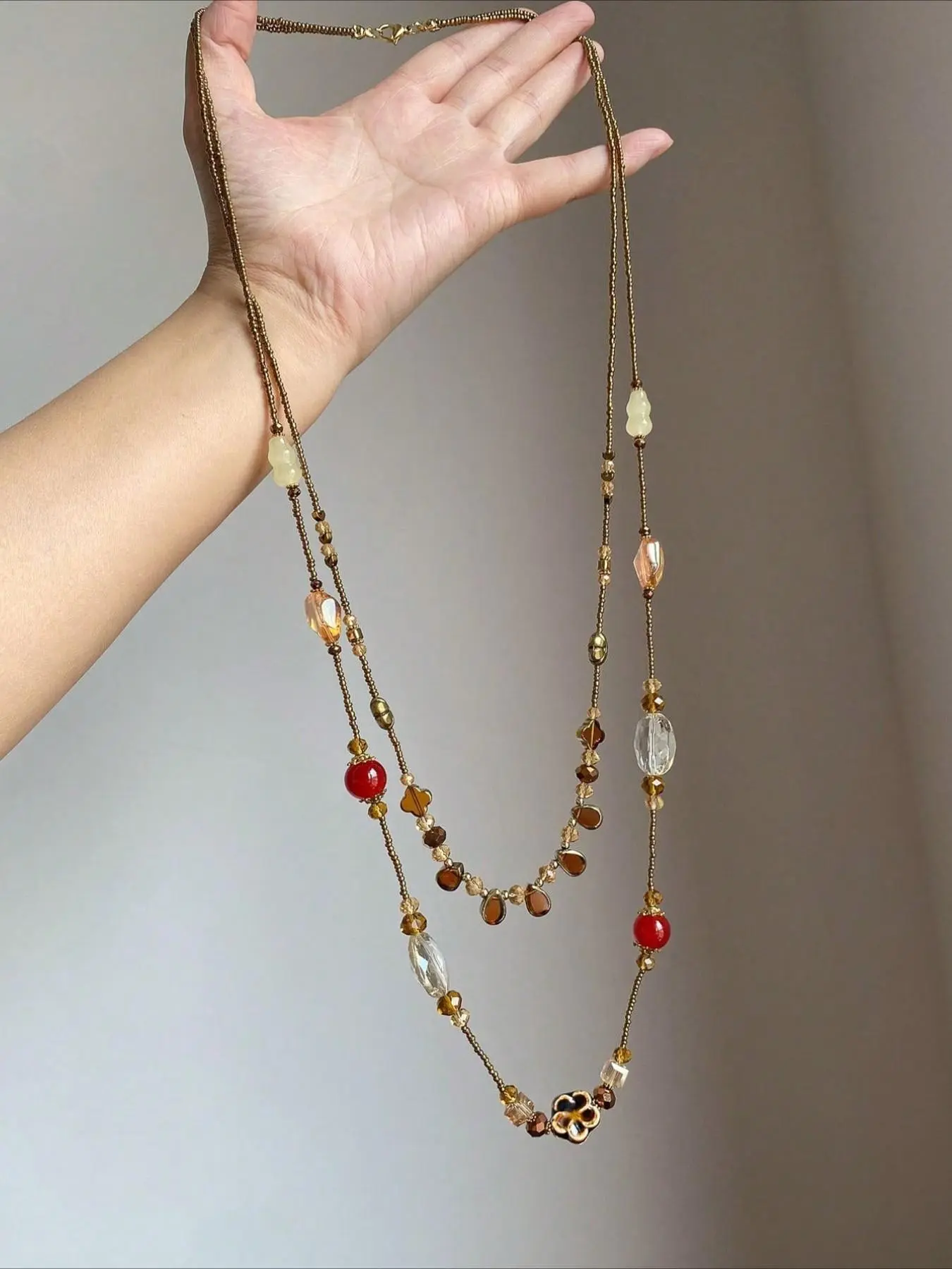1 Bohemian-style Long Double-layer Ceramic Bead Necklace with Crystal Flower Accents, Unique Crystal Design, Flower Pendant; Vintage Women's Necklace; Elegant, Unique Necklace, Elegant Beaded Necklace for Parties and Vacations, Boho Necklace