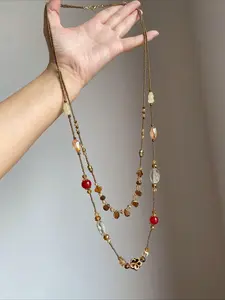 1 Bohemian-style Long Double-layer Ceramic Bead Necklace with Crystal Flower Accents, Unique Crystal Design, Flower Pendant; Vintage Women's Necklace; Elegant, Unique Necklace, Elegant Beaded Necklace for Parties and Vacations