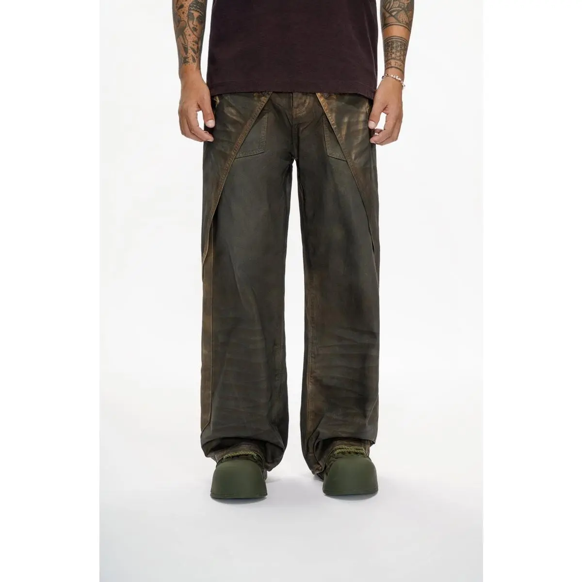 Women's Vintage Brown Waxed Baggy Pants - Oversized Low Rise Wide Leg Casual Streetwear with Statement Utility Flap Pockets, Loose Fit Pants, Baggy Low Rise Wide Leg Pants