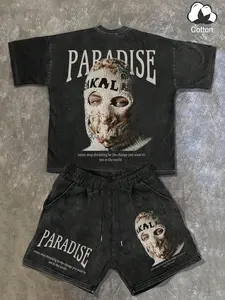 Men's 100% Cotton Vintage Wash Two-Piece Set, Inspirational Graphic Print Tee and Elastic Waist Shorts, Casual Streetwear for Summer, Paradise and Dark Aesthetic