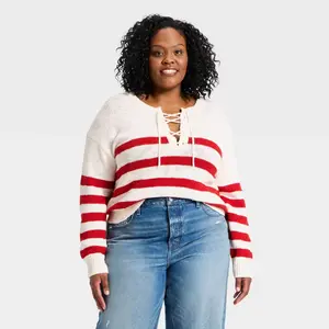 Women's Lace Up Crewneck Pullover Sweater - Universal Thread Red Striped XXL