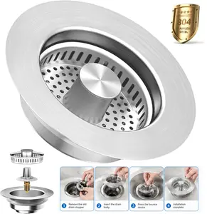 All Metal Kitchen Sink Strainer Stopper Combo - Stainless 3-in-1 Pop Up Sink Drain Strainer with Handle Rod for US Standard 3-1/2 inch Drain Filter, Anti-Clog