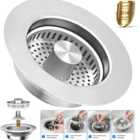 Stainless Steel All-Metal 3-in-1 Pop-Up Strainer Stopper Combo with Handle Rod, Anti-Clog Filter for US Standard 3.5-in Drains, Bathroom & Kitchen Sink Bathtub Accessory, 3-In-1 Combo