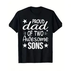Men'S Vintage "Proud Dad of Two Awesome Sons" Graphic T-Shirt - Soft Breathable Crew Neck Short Sleeve, Father'S Day Gift from Sons, Casual Comfort Fit, Machine Washable Shirt with Lettering & Design - Ideal Dad Apparel