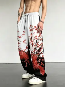 Men's Colorblock Sunset Plum Blossom Digital Print Wide Leg Sweatpants, Drawstring Waist Loose Fit Casual Sports Pants, All Season Fashion