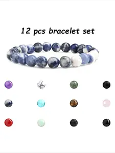 12 Pcs Multi-hued Assorted Stone Beaded Bracelets in Fashion 8mm Basic Size for Women Men Everyday Wear Authentic Natural Chip Beads with Abundant Color Gradients One-of-a-kind Organic Grain Details Strong Elastic Thread Build Structure for Couple Gifts