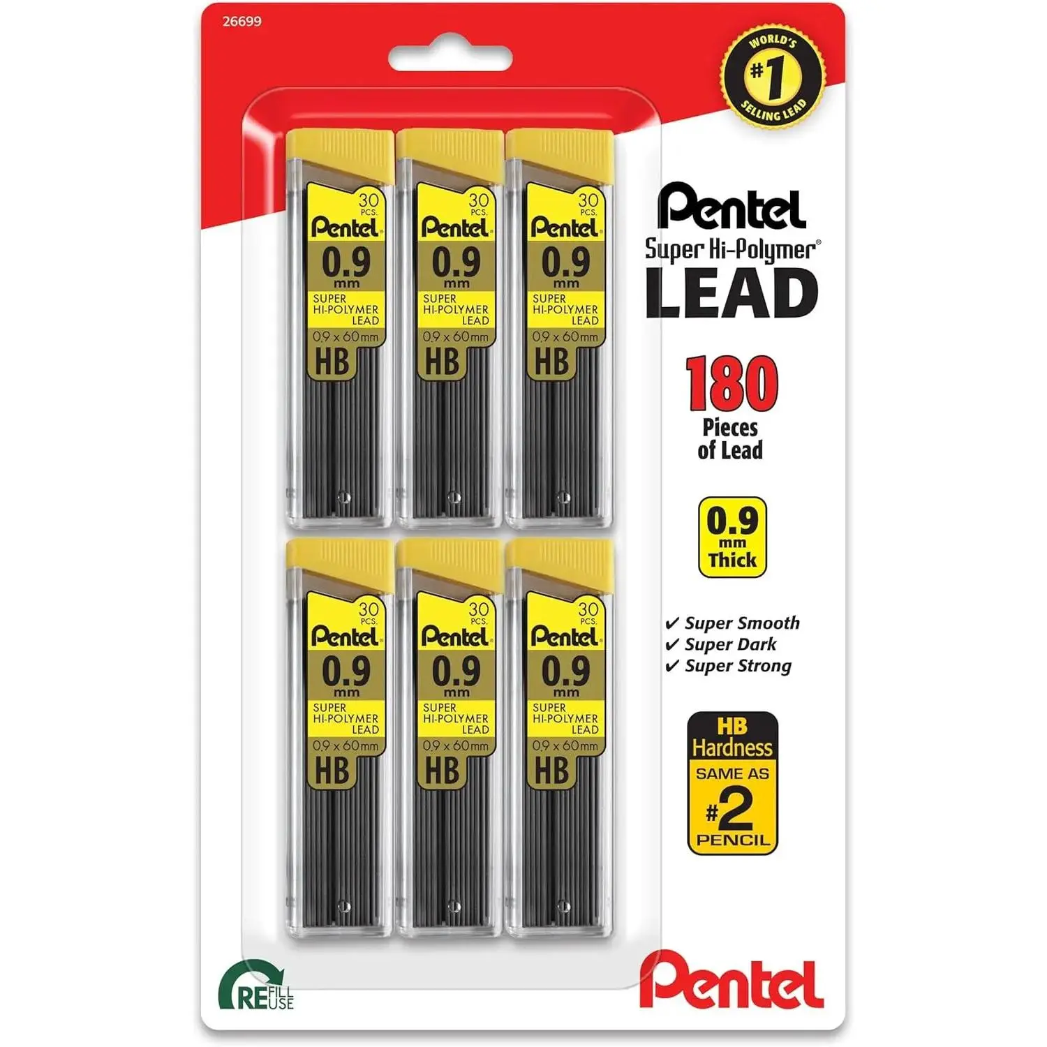Pentel Super Hi-Polymer Pencil Lead Refills, 0.9mm, HB Grade, Dark Lines, Eco-Friendly, 30-Piece Tube (6-Pack)