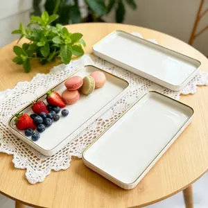 Gold Rim Ceramic Rectangular Dinner Plate Set, Sushi Plates, Japanese Creative Long Tray, Dishwasher Safe, Oven Safe