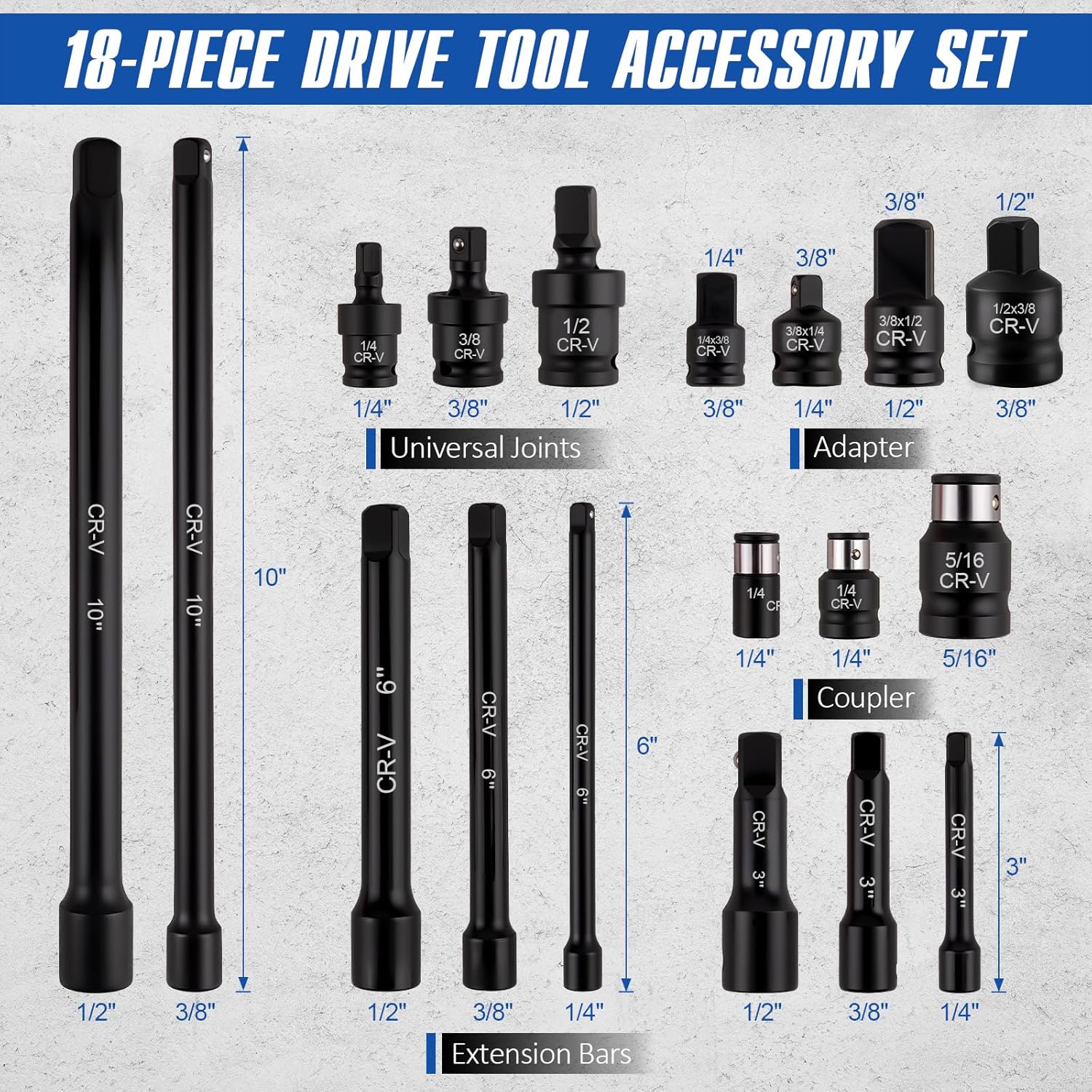 18-piece Impact Socket Extension Set Tools, Swivel Universal Joint, Deep 1/4", 3/8", 1/2" Drive Socket Adapter, Extension Bar, 3 Ratchet Coupler, CR-V Steel Alloy Corrosion-Resistant Mechanic extension handle  car home repair hand tool