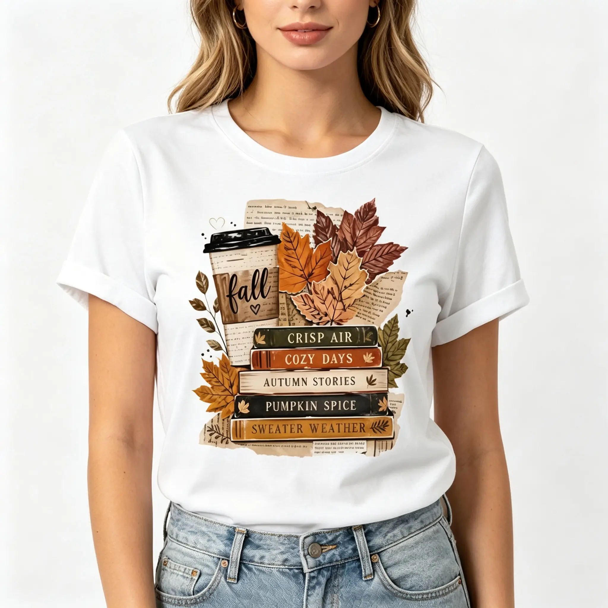 Fall Book Coffee Maple Leaf T-Shirt, 100% Cotton Soft Breathable Tee, Vintage Autumn Book Stack Graphic, Pumpkin Patch Trip Outfit, Cozy Daily Casual Top, Halloween Christmas Gift For Women Book Lovers