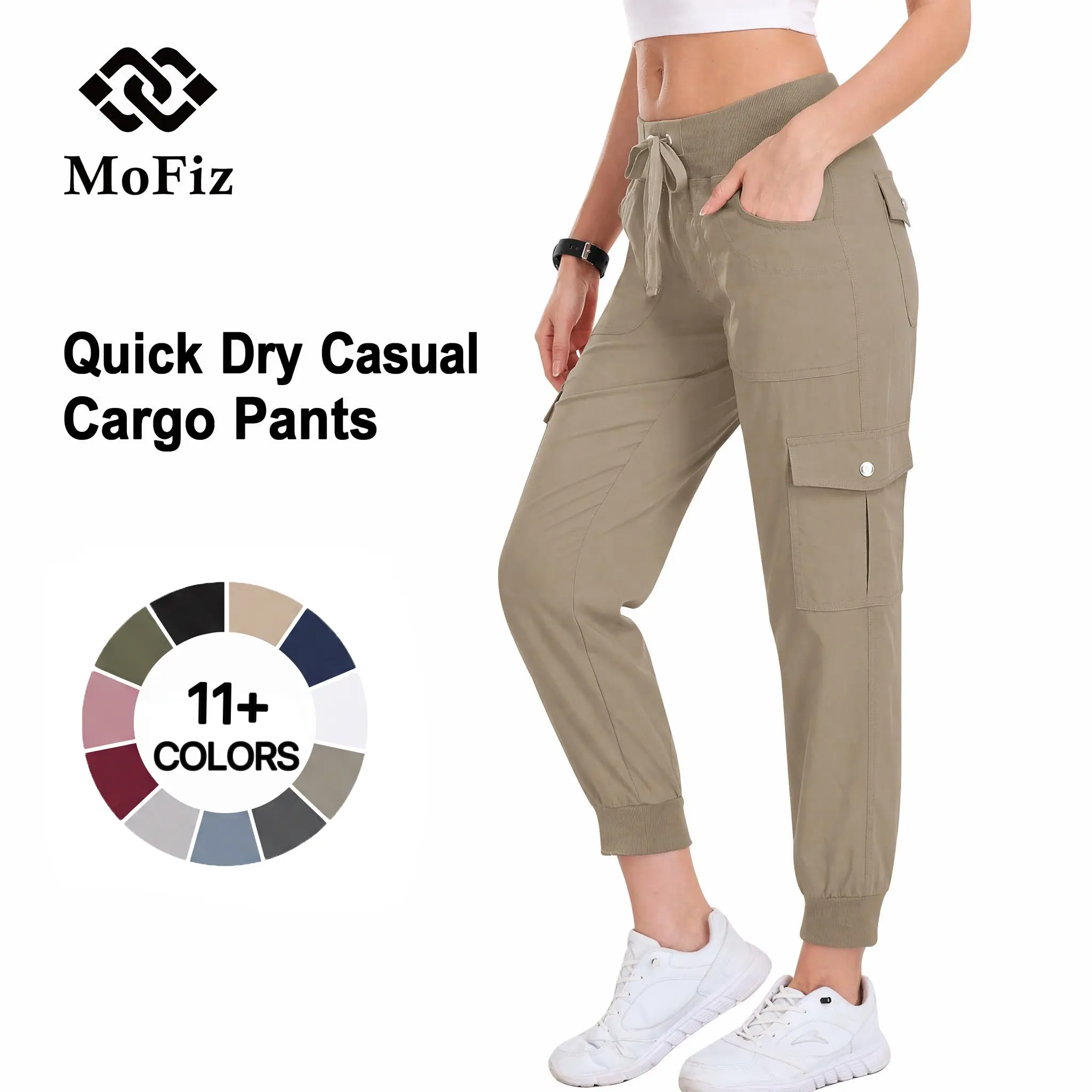MoFiz Women's Lightweight Hiking Cargo Pants, Quick Dry Outdoor Travel Joggers with Elastic Drawstring Waist & 6 Pockets