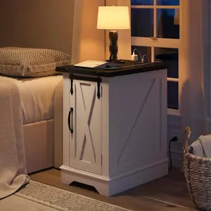 Raybee Wood Nightstand with Charging Station, Farmhouse 25" End Tables with Barn Door Wood Side Table with Adjustable Storage Shelf, bedside table, Storage Cabinet for Bedroom,Drawing Room,Hallway,Antique White