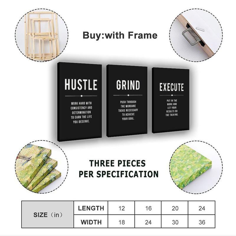 Motivational 3 Piece Set Wall Art Poster, Hustle Grind Execute Prints, Minimalist Office Decor, Printable Inspirational Poster