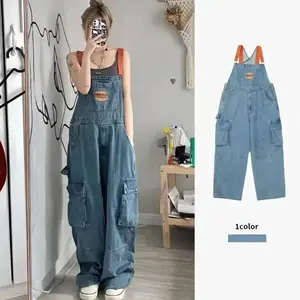 Vintage Denim Overalls Summer Women Slimming Fresh Sweet Summer Workwear Loose Wide-Leg Floor-Length Pants(Sheet)