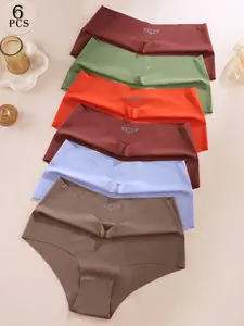 6pcs High Waist Plus Size Women Briefs Sexy Seamless Breathable Ice Silk Panties Comfortable Soft Underwear Multicolor High Stretch Nylon