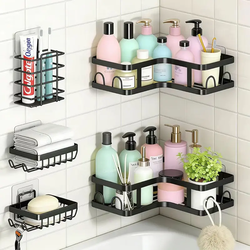 No-Drill 5-Piece Bathroom Shelf Organizer Set, Wall Storage Accessory with Toothbrush Holder, Soap Dish, Towel Rack, Razor Holder for Small Bathrooms, Apartments Bathroom accessories Bathroom storage rack