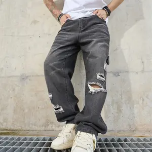 New Men Baggy Regular Fit Jeans Trousers Streetwear Men's Solid Holes Stylish Distressed Straight Casual Denim Pants Menswear Beige