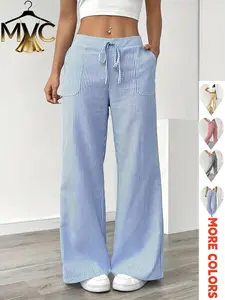 Women's Striped Print Wide Leg Casual Pants, Versatile High Waist Design for All Seasons, Comfortable Fit for Daily Commute and Parties, Casual Fitted Pants