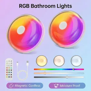 Rechargeable Waterproof Shower Light 2-Pack: Magnetic RGB LED with Remote for Bathroom, Closet, Pantry, RV & Boat - Wireless Renter Friendly Night Light, No Wiring DIY lamp