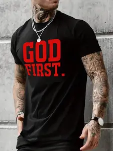 "God First" Bold Red Text Oversized Polyester T-Shirt for Men | TikTok Trendy Streetwear Top – Sleek Black & Red Design, Breathable Polyester Fabric, Loose Fit Perfect for Faith-Based Style, Urban Looks & Casual Wear,