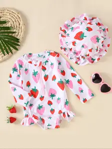 Strawberry Print Long Sleeve Triangle One-Piece Swimsuit, Zipper Opening Easy Wear, Cute Sporty Style with Hat, Women's Swimwear
