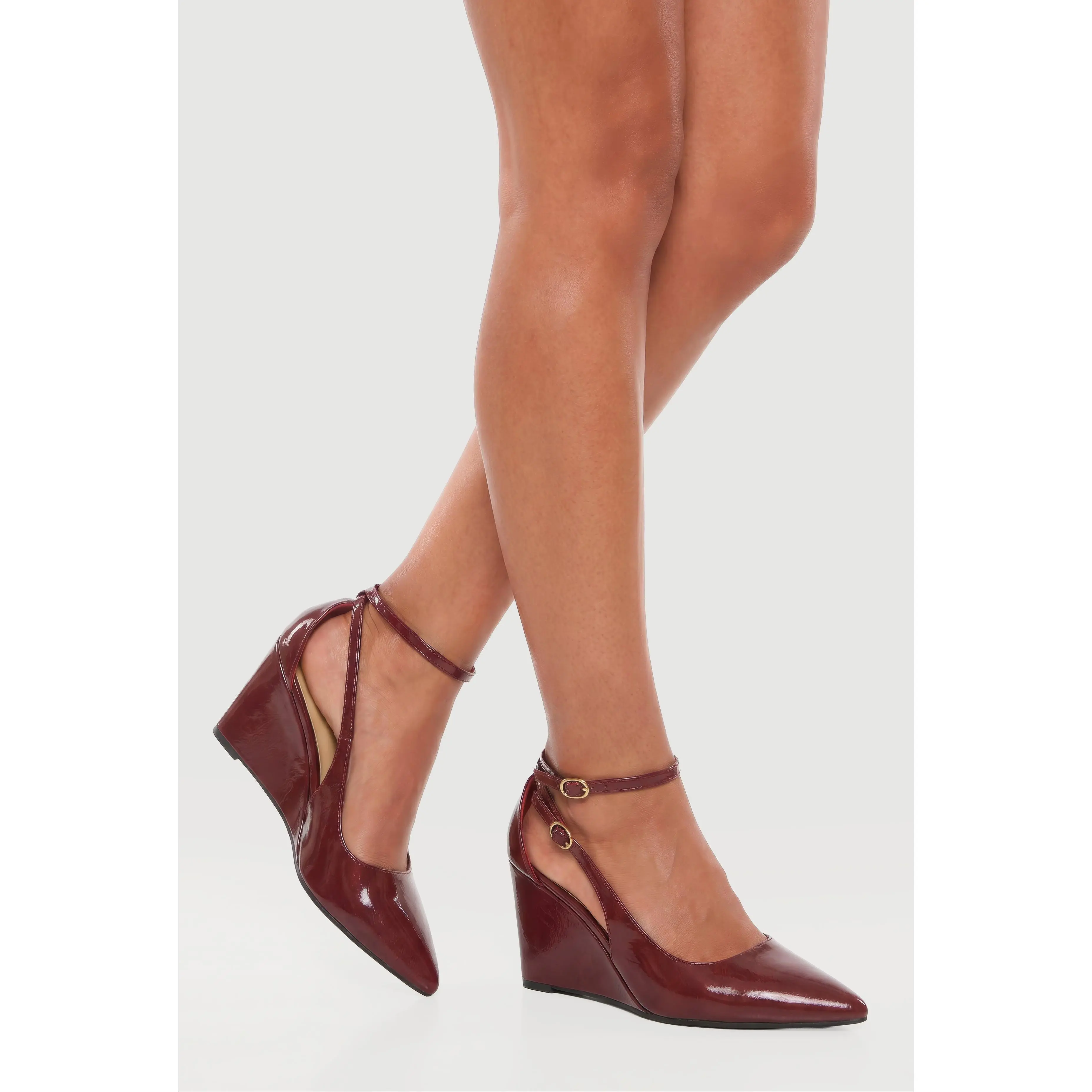 Pointed Toe Double Ankle Strap Wedge Pumps
