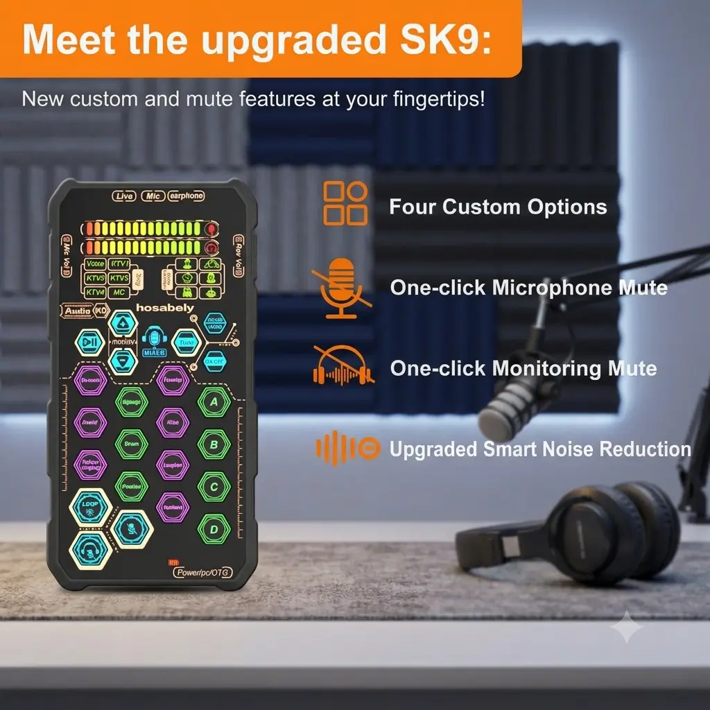 SK9 upgraded live sound card with one click noise reduction, intelligent voice, beautiful sound, mobile karaoke sound card, internet famous live streaming equipment, voice converter, computer, e-sports live streaming recording equipment Mini Changer