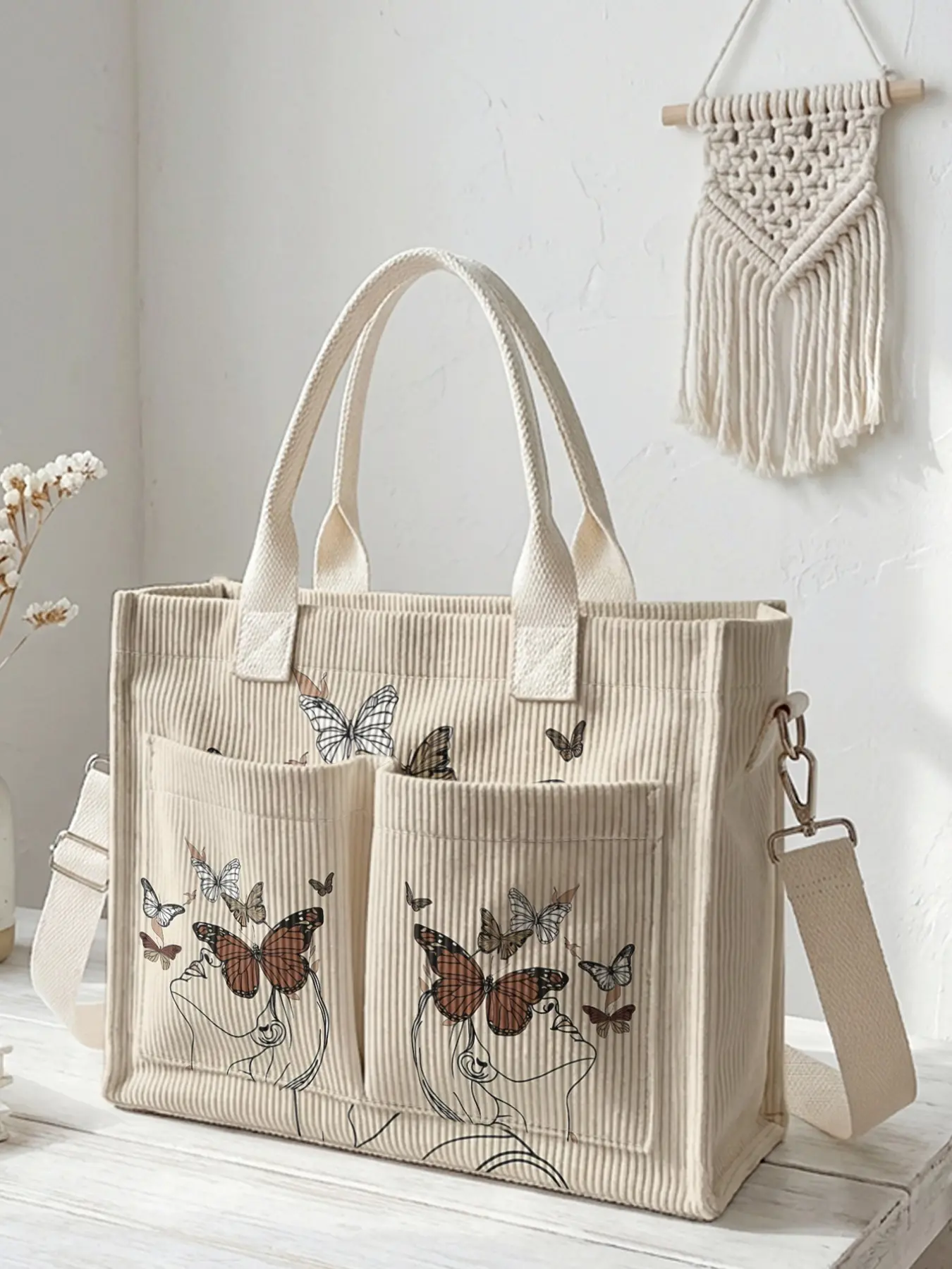One butterfly girl pattern printed travel shoulder bag, Practical bag, large capacity, wear-resistant and durable, multi-pocket design for better space utilization, suitable for work, shopping, picnic and other occasions