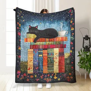 Book & Cat Pattern Blanket, 1 Count Soft Air-conditioned Room Throw, Warm Nap Blanket for Home & Office, Gift for Book Lovers