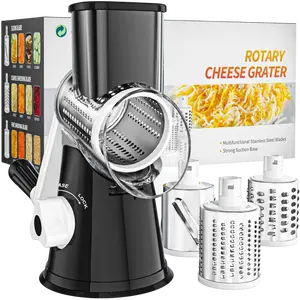Rotary Cheese Grater Hand Crank Cheese Shredder for Fresh Cheese, Vegetable, Nuts,Non-slip Suction Base, Three Blades, Black