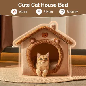 Cute Cat House Bed with Removable Cushion Pillow Non-Slip Bottom Cozy Pet Shelter for Kittens Puppy Small Dogs Warm Private Security