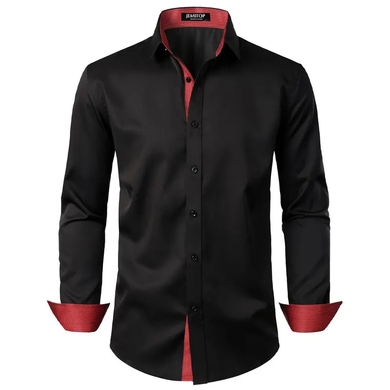 JEMITOP Men's Stretch Long-Sleeve Fitted Dress Shirt - Button-Front, Slight Sheen, Multi-Use for Party, Wedding Events