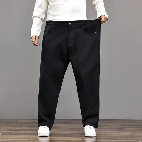 Men's Big & Tall Denim Jeans - Elastane Elastic Stretch Waist, Expandable 4XL-9XL Plus Sizes, Baggy Loose-Leg, Below the Ankle, Dark Blue Plain Look, All Seasons Menswear, Easy to Style