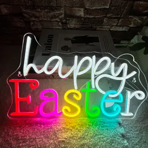 1pc Happy Easter Neon Sign Easter Bunny LED Neon Sign Vibrant Adjustable Lights for Bar Home Decor Children's Room Easter Yard Sign for Front Porch Window Lights Easter Decoration Easter Gifts For Kids