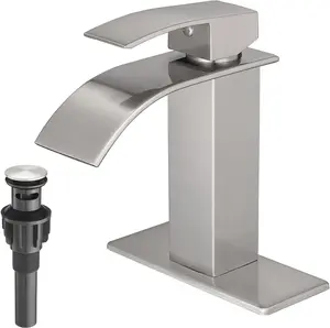 Waterfall Bathroom Faucets Brushed Nickel Modern Single Handle Sink Faucet for 1 or 3 Holes with Deck Plate and Pop-Up Drain, Rv Sink Camper Farmhouse Faucet