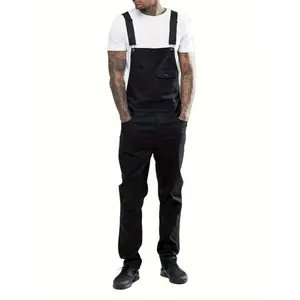 Men's Slim-Fit Black Denim Overalls With Adjustable Straps, Distressed Ripped Design, And Pockets - Casual Hippie Jumpsuit For All Seasons, Everyday Fashion | Hippie Style Suit | Sleek Black Jumpsuit, Denim Jumpsuit