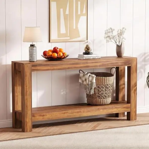GAOMON 63" Narrow Sofa Table Behind Couch 2-Tier Wood Grain, 110 LBS, Rustic Brown