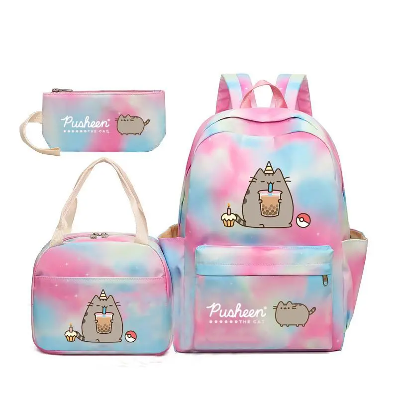 Rainbow Gradient Cat 3PCS School Backpack Set, Pastel Tie Dye Bubble Tea Kitten Print Large Backpack + Insulated Lunch Bag + Pencil Case, Water Resistant Oxford Daypack for Girls Cat Lovers