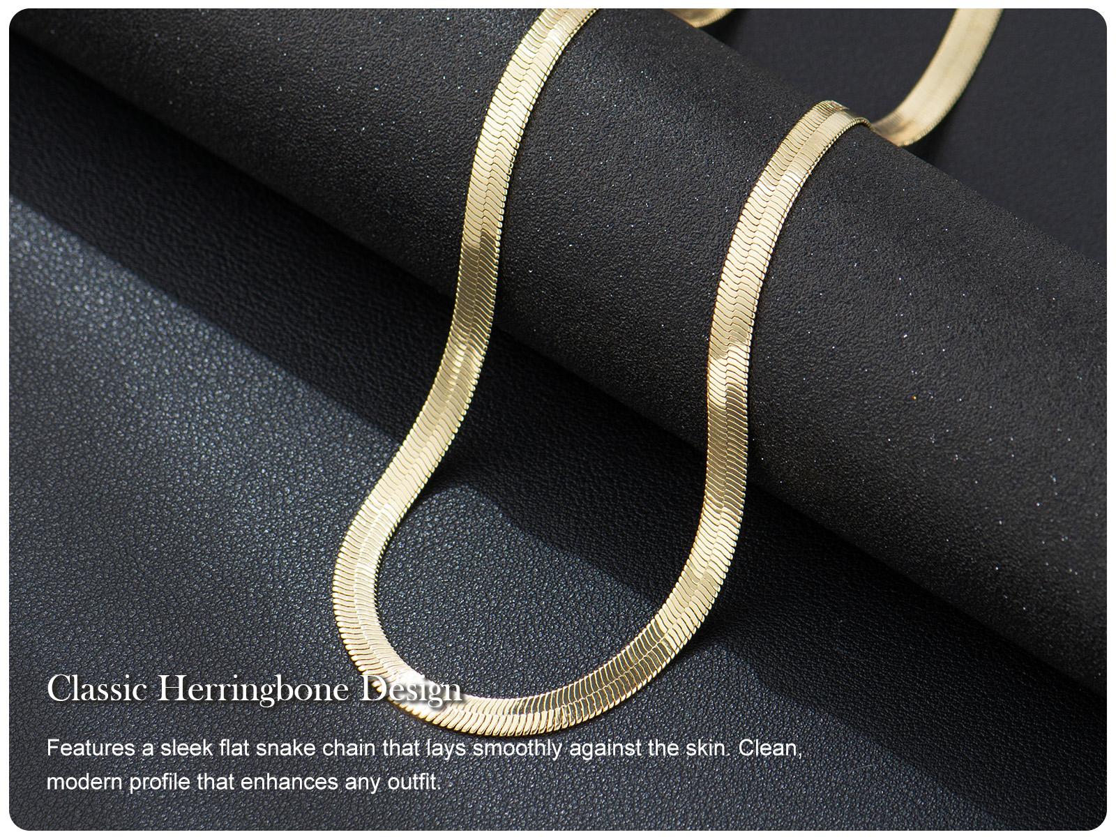 Holylegend 14K Real Gold Plated Herringbone Chain Necklace for Men, Flat Snake Design, Smooth Shine