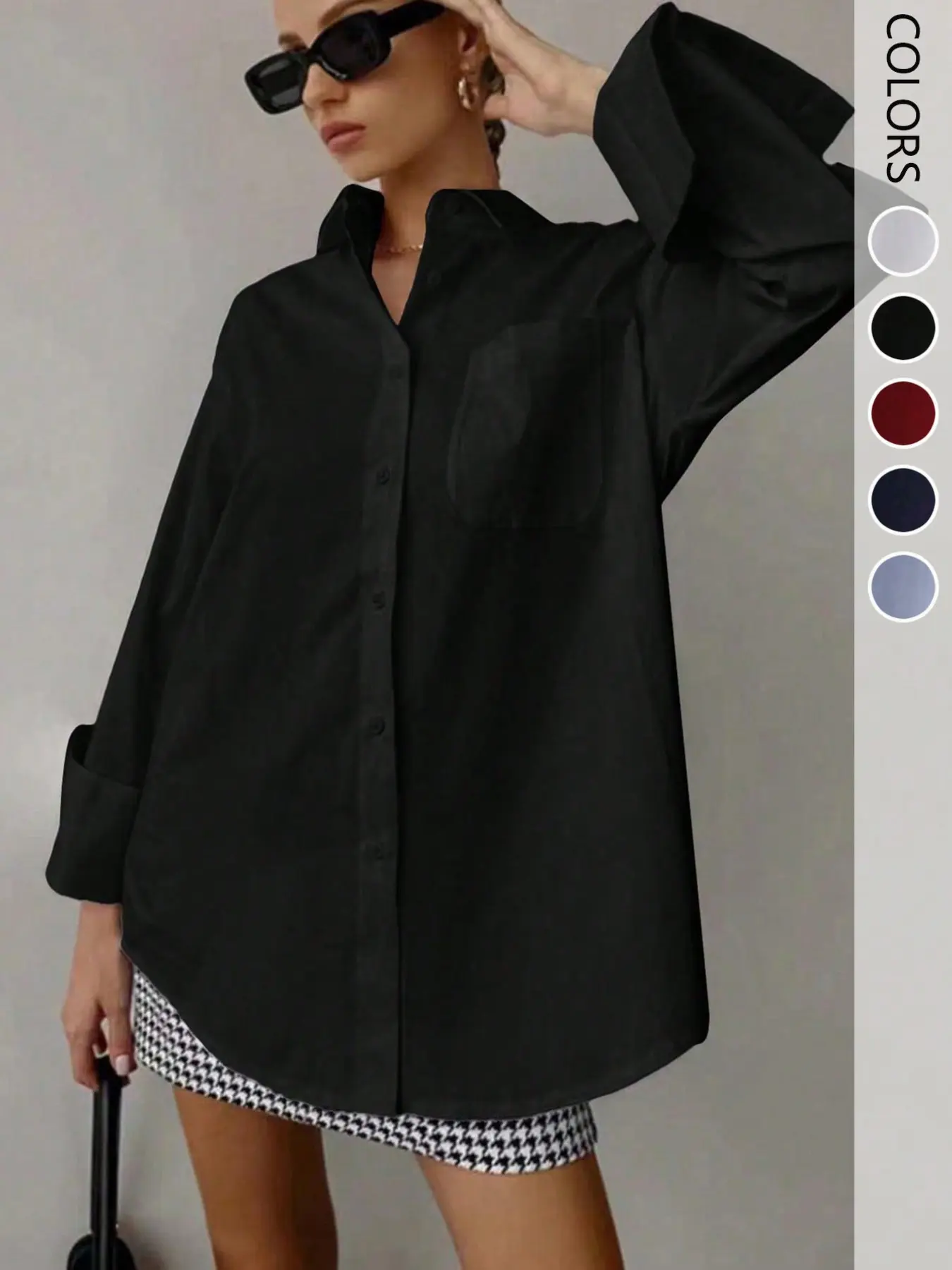 1 piece of women's four-season solid color lapel single pocket loose Fit Oversized long-sleeved Casual Blouse shirt Top for daily commuting, suitable for office, vacation, home, daily wear, festivals, Basic
