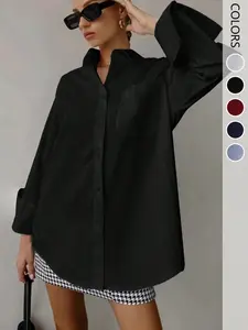 1 piece of women's four-season solid color lapel single pocket loose oversize long-sleeved Blouse shirt for daily commuting, suitable for office, vacation, home, daily wear, festivals, and four seasons